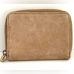 Jouer Tan Suede Soft Leather Gold Hardware Zip Mini Card Coin Wallet